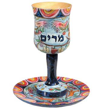 Picture of גביע קידוש + תחתית - ציור יד על עץ - כוס מרים - CU-6 | יאיר עמנואל